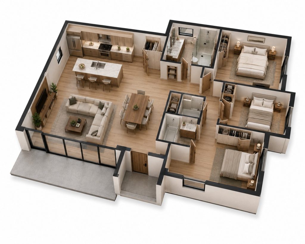 1,000 Sq Ft Two-Bed Plus Flex ADU Floor Plan